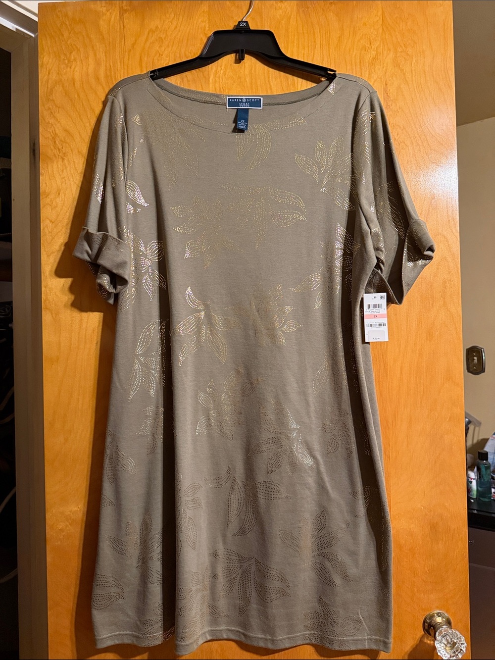 Karen Scott Olive Green Shift Dress with Metallic Leaf Accents
